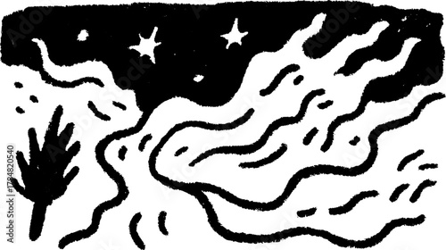 Abstract illustration featuring fluid lines and stars. Simple black and white vector design with a unique texture set.