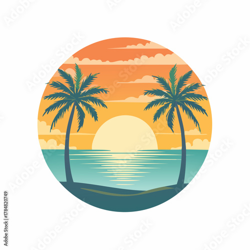 Tropical sunset serenity: A vibrant coastal scene with graceful palm trees silhouettes