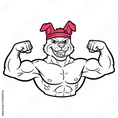 Muscular cartoon dog with bunny ears flexing canine