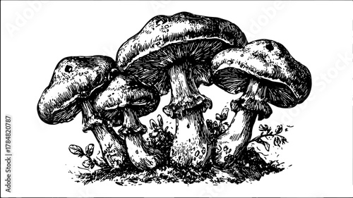 Black and white mushroom outline illustration. Vintage engraving of fungi in a detailed vector style set.