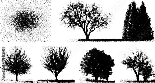 Tree silhouettes in black engraving style. Simple vector illustration with hand-drawn outlines and stipple effects in a decorative set.