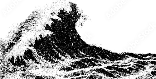 Wave illustration in vintage style. Black line drawing of water and ocean in stipple effect, featuring a detailed vector design.