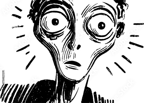 Alien illustration in black and white. Hand-drawn silhouette with stipple texture, featuring an anxious expression in a set of vintage vector illustrations.