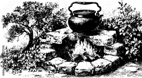 Antique kettle above a fire on stone. Engraved illustration featuring a tree and plants in a detailed vintage landscape vector.