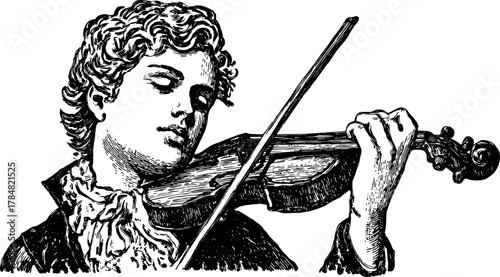 Boy playing violin in a classical style. Black and white vector illustration depicting a musician's performance with fine details in an elegant set.