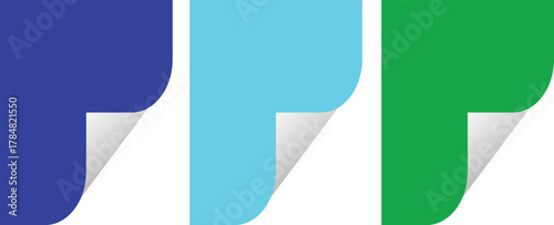 Three colorful page corner peels in green blue and cyan with white curled edges on a white background