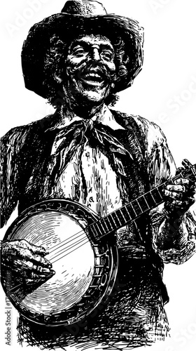 Engraving of a smiling male musician playing a banjo. Vintage vector illustration with a hand-drawn outline style.