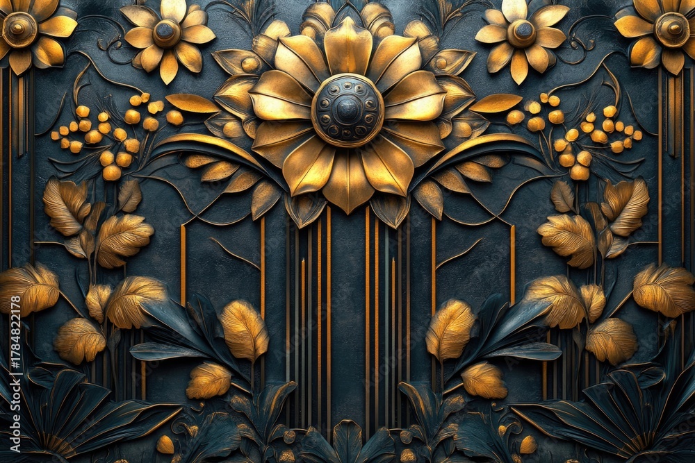 Fototapeta premium Intricate floral relief design with golden accents on deep blue