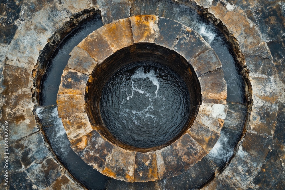 Fototapeta premium Circular structure showcasing layered stone design, water swirli