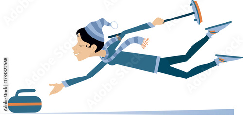 Curling sport. Young woman with curling broom and stone pushes towards a target in the fall