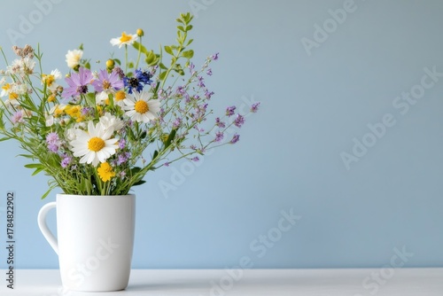 Wallpaper Mural Bright wildflower bouquet in white mug enhances minimalist decor Torontodigital.ca