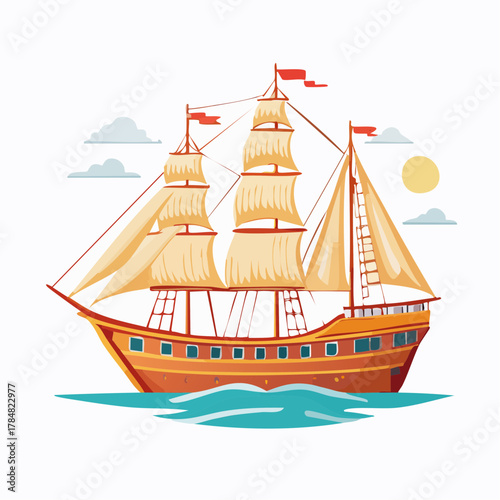 Majestic Tall Ship on a Stylized Voyage Across Calm Seas with Sunlit Skies