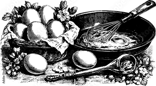 Eggs in a basket and a whisk on a kitchen counter. Antique hand-drawn vector illustration with detailed outlines and stipple effects.