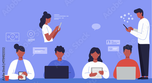 Business team collaborating online using digital devices in a modern office showcasing communication and teamwork perfect for tech or business blog