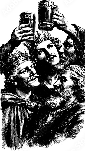 Group of kings celebrating with raised mugs in a vintage monochrome illustration. A detailed vector set representing festivity and camaraderie among royalty.