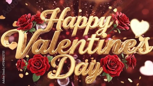 Golden 3D Happy Valentine’s Day Lettering with Roses and Heart Confetti