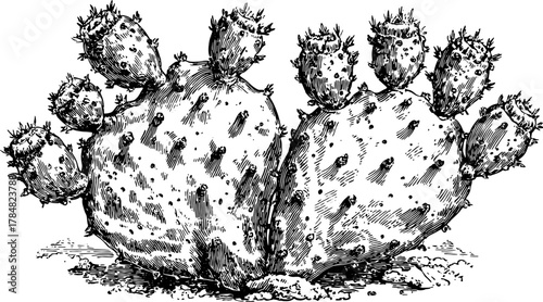 Cactus plant in black and white outline style. Vintage engraving vector illustration featuring detailed design elements.