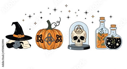 A captivating Halloween flat lay featuring a witch's hat, mystic Celtic pumpkin, skull in a cloche, and two magical potion bottles, all surrounded by enchanting stars on a clean white background.