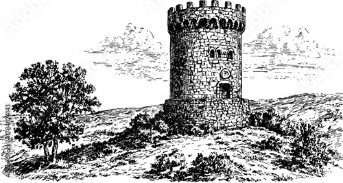 Vintage tower illustration in black and white outline. Detailed engraving of a tree in a scenic landscape vector set.