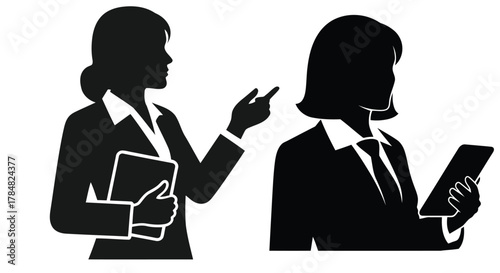 Businesswomen Silhouettes Talking And Holding Tablet
