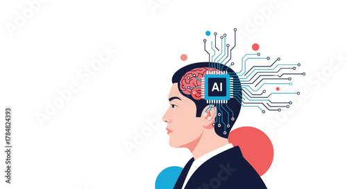 Conceptual illustration of a human head with an integrated AI chip and brain, representing artificial intelligence and advanced cognitive augmentation.