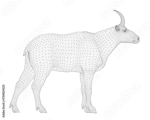 A detailed wireframe mountain goat composed of geometric lines and shapes creates a realistic animal representation on a clean white background.