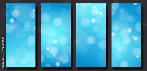Light blue vertical background set with bokeh lights. Empty backdrop of bright gradient color with blurred circles or water bubbles. Vector mockup for roll up banner or stories cover design.