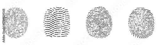 fingerprints isolated on white vector illustration. different black fingerprints, Engraved fingerprint pattern collection for security and design projects