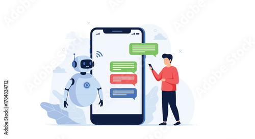 A humanoid chatbot interacts with a user on a mobile phone, demonstrating artificial intelligence in customer service and digital communication.