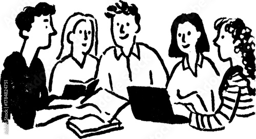 Group of people engaged in a conversation during a business meeting. Simple black and white vector illustration depicting collaboration at a table set.