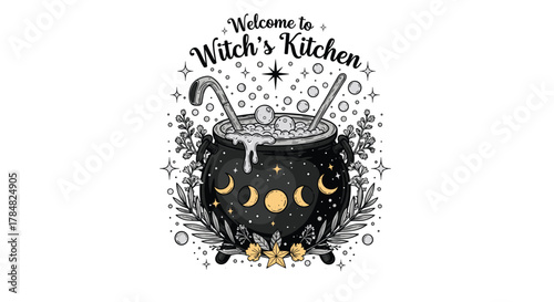 A whimsical illustration of a witch's kitchen with a bubbling cauldron, ladles, moon phases, and stars, surrounded by magical botanical elements.