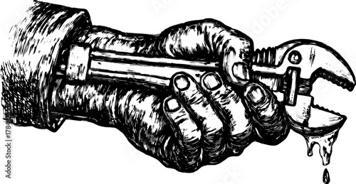 Wrench held in a hand. Vintage illustration of a mechanical tool with detail and craftsmanship, presented in black and white vector.