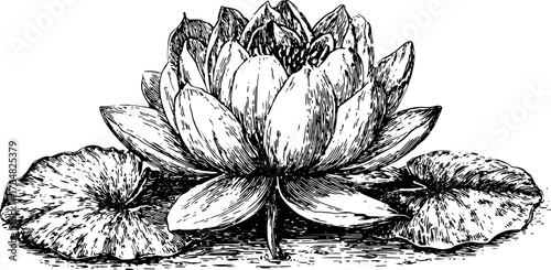 Lotus flower in vintage outline style. Detailed black and white vector illustration with leaves, creating an intricate botanical composition.