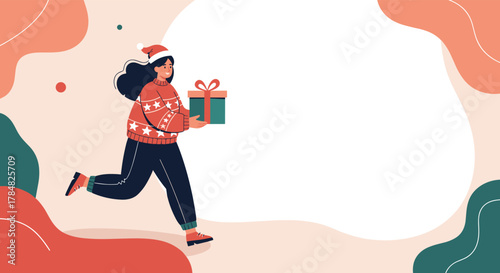 Happy young woman in Christmas attire running with a gift, spreading holiday cheer during the festive season.