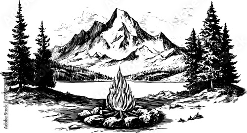 Mountain landscape with a campfire surrounded by trees. Vintage black and white vector illustration showing a scenic outdoor view.