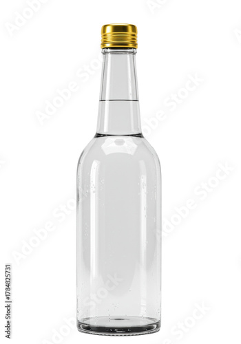 Wallpaper Mural unopened clear glass cylindrical bottle, shiny polished gold crown cap, high-key white studio environment with volumetric light and copy space, premium product packaging mockup concept Torontodigital.ca