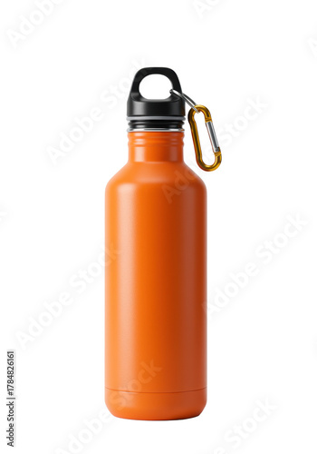 Safety orange powder-coated stainless steel reusable water bottle with a matte black cap and gold carabiner, isolated on white background with copy space, concept for outdoor gear advertising.
