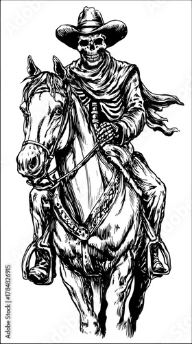 Skeleton cowboy riding a horse in black and white outline. Vintage engraving art illustration featuring eerie western character set.
