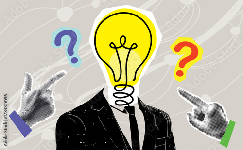 A striking collage of a businessman with a lightbulb for a head, representing creativity and innovation, perfect for design projects focused on brainstorming and ideas.
