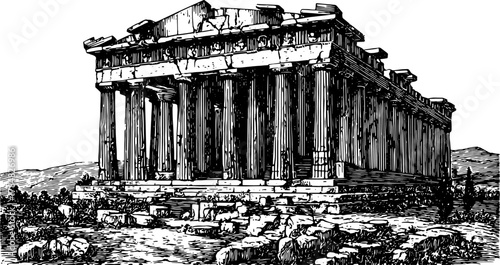 Classic temple architecture illustration in black and white outline style. Vintage vector drawing showcasing historical ruins and structures.