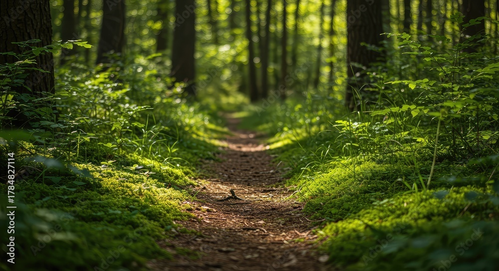 Fototapeta premium A tranquil forest pathway covered in soft green moss and dappled sunlight, creating a profound space for quiet introspection and deep natural peace ,mindfulness ,retreat ,trees