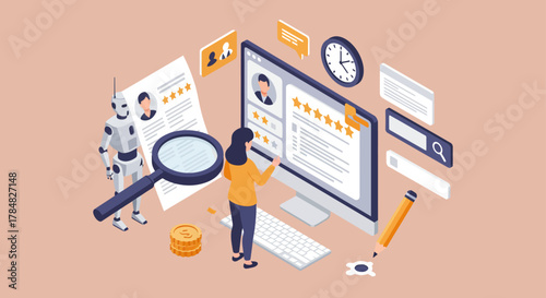 robot recruiting analyzing job applications online reviewing profiles with AI for HR automation and efficiency showcasing modern recruitment in business
