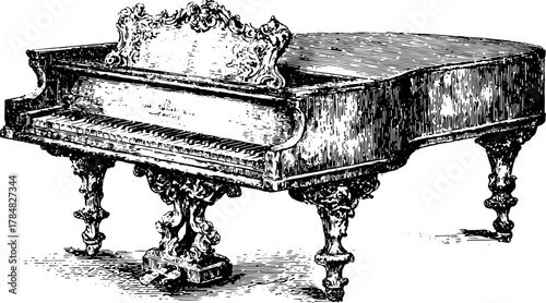 Grand piano illustration in vintage style. Elegant wooden instrument sketch with ornate details, suitable for artistic uses, as a vector illustration.
