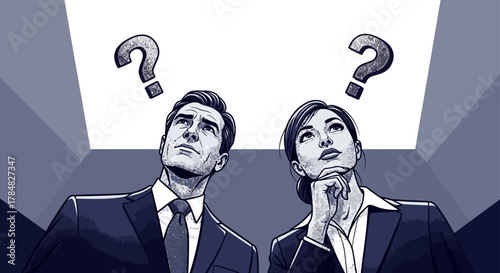 Confused business team contemplating solutions brainstorming in a modern office illustrating problem-solving teamwork and innovative thinking for corporate presentations.