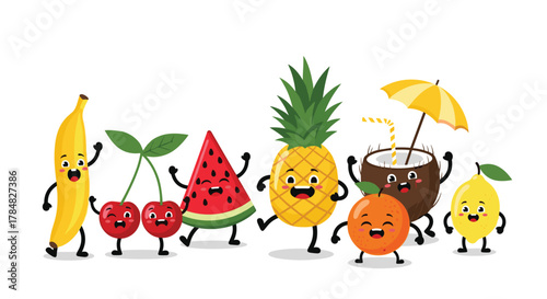 A delightful assembly of animated fruits like banana, cherries, watermelon, pineapple, orange, coconut, and lemon, happily dancing for summer fun.