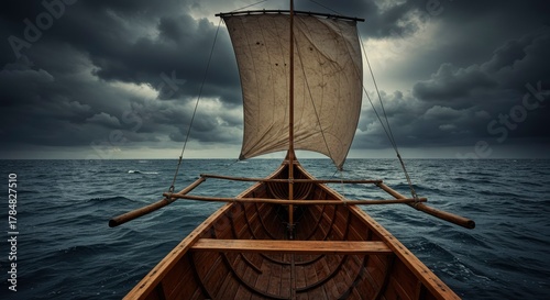 Ancient Wooden Sailboat Navigating Stormy Seas