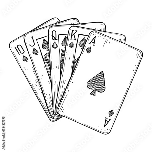 royal flush spades playing cards vector line art hand drawn illustration