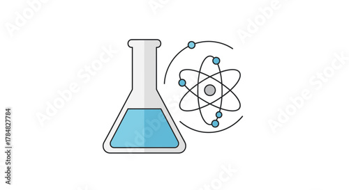 Science beaker with liquid and atom model, a symbol of discovery and innovation in research, perfect for educational or scientific projects, originally vector graphics