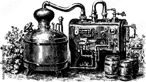 Engraving of a vintage distillery machine with copper vessels and barrels in detailed line art. Historical vector illustration showcasing equipment.
