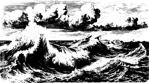 Ocean waves in black and white. Retro vector illustration of stormy scenery with engravings style.